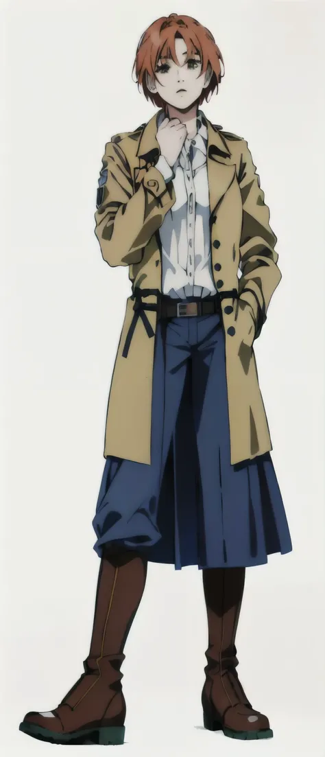 anime, chica, pelo rojo, ojos verdes vibrantes,  con una camisa blanca y una falda azul, con un trench coat(marron claro), cuerpo portrait, anime attack on titan, con una mano en el pecho y otra mano en el bolsilllo del trench coat.