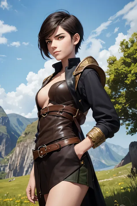 A happy young woman with an undercut in a fantasy setting. An adventurer and a ranger. Very androgynous looking. In a good mood. Sympathic. Tomboyish. Androgynous. Slim body. Very . Very small breasts. Wide hips. Thick legs. Face: Extremly pale skin with l...