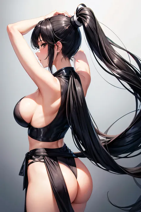 sexy girl with very long black ponytail show her long ponytail