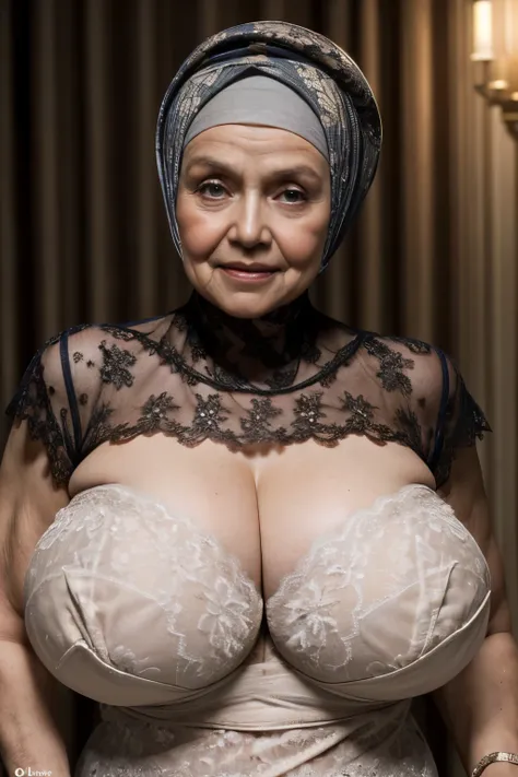 (((old lady:1.7))), ((short hijab)), ((gigantic tits:1.7)), (dynamic photograph of a 58 year old indonesian woman), (slim top, c...