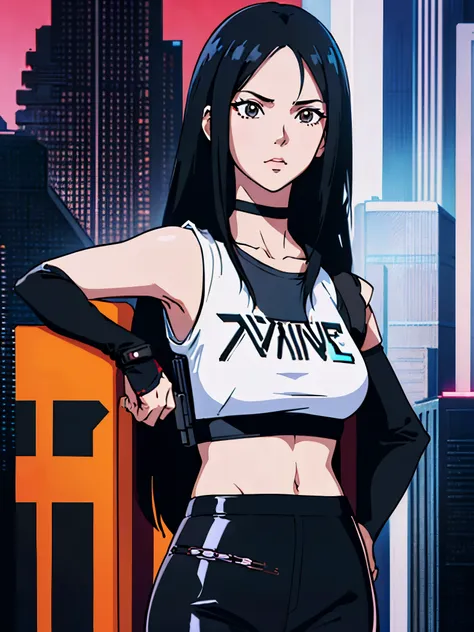 digital art drawing, illustration of (anime girl, long black hair middle part, brown eyes, wearing a black choker on her neck, white t shirt, black tactical vest, black latex pants, cyberpunk 2077), anime drawing/art, bold linework, illustration, digital a...