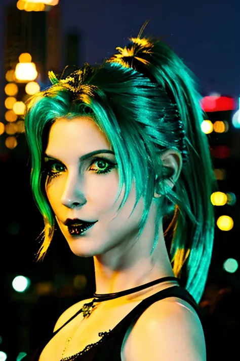 green hair caucasian pony tail vampire women in the night