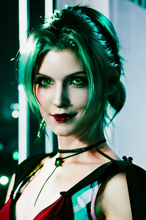green hair caucasian pony tail vampire women in the night