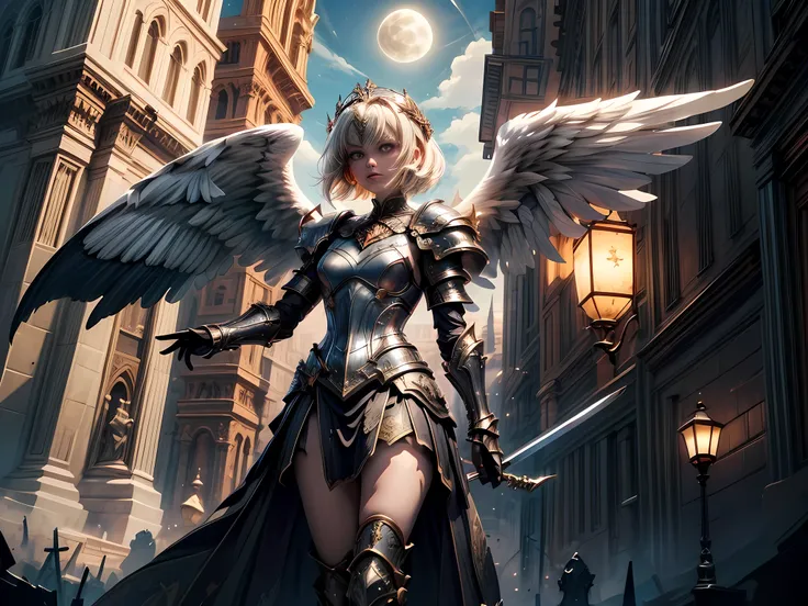 16K, ultra detailed, masterpiece, best quality, (extremely detailed), arafed, dnd art, portrait, full body, aasimar, female, (Masterpiece 1.3, intense details), female, paladin, holy warrior fighting undead (Masterpiece 1.3, intense details) large angelic ...