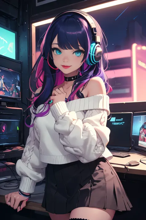 ((best quality)), ((masterpiece)), (detailed), perfect face, female, gamer girl, aqua eyes, cherry-red lips, light smile, long black hair, purple streaks, wearing headphones, bangs, ribbon, choker, bracelet, sleeves past fingers, black off-shoulder sweater...