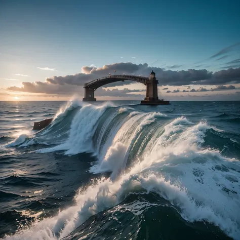 Make a bridge in the middle of the sea with strong waves, chuvas e raios. This bridge is connected to a lighthouse that has its flashlight on.