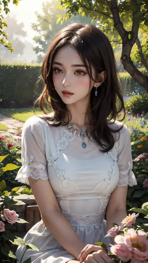 (best quality, ultra-detailed), oil painting, beautiful detailed eyes and lips, flowers in the garden, sunlight filtering through the trees, soft and warm color tones, peaceful atmosphere, delicate brushstrokes, vibrant and vivid colors, elegant pose.