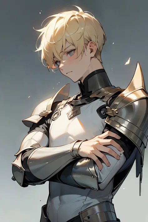 one 20 years male man, strong, blonde short hair, slightly pale skin, gray eyes, ((sad look)), simple white shirt with pieces of armor