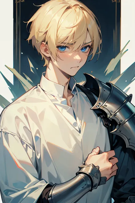 one 20 years male man, strong, blonde short hair, slightly pale skin, beautiful blue eyes, ((sad face)), simple white shirt with pieces of armor