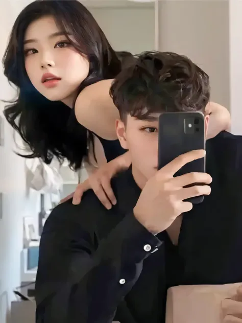 There is a man and a woman taking a selfie in a mirror, obra de arte al estilo de guweiz, inspirado en Yanjun Cheng, [ arte digital 4k ]!!, artista coreano, selfie enamorado, fotorrealista!!!!!!! Estilo de Arte, por Sim Sa-jeong, pose de pareja, en estilo ...