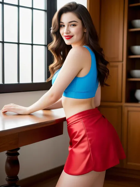 A beautiful white Brazilian woman stands in a dining room with an arched window, wearing a red blouse and blue shorts/skirt. She has her hand on the back of a wooden chair, smiling at something off camera. The living room has a table with a floral tableclo...