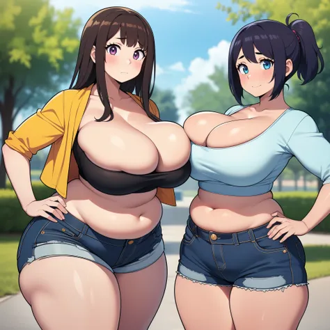 ((highres)), Masterpiece, high quality, best quality, beautiful, perfect lighting, detailed face, ultra cute face, ((2girls)), ((blush)), embarrassed, looking at viewer, standing in a park, (park), daytime, crop top, shorts, (((thick thighs))), ((wide hips...