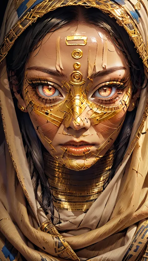 (best quality,highres,ultra-detailed:1.2),close-up of the face of a mummy,covered in bandages with golden hieroglyphics,detailed,golden and glowing eyes,vivid and intense colors,dark circles,realistic,graphic art,terror