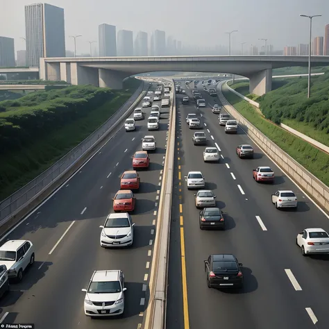 heaviest traffic, biggest of highways of China, different types of vehicle, one after the other, both side lanes, chinas city