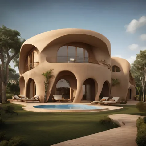 A modern Malian residence with Bogolan elements in its facade. The curved building must be designed in accordance with traditional Malian architecture, using local materials such as mud and wood. The facade should be decorated with Bogolan motifs, creating...