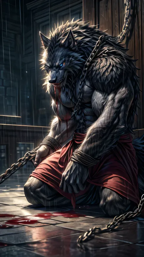 (a white werewolf,tall and muscular, with blue eyes, wearing very ugly loincloths) ,(background: a rainy evening, only the white werewolf kneeling in chains, with its hands and legs tied, behind it a lizard whipping its back with a brown whip, the white we...