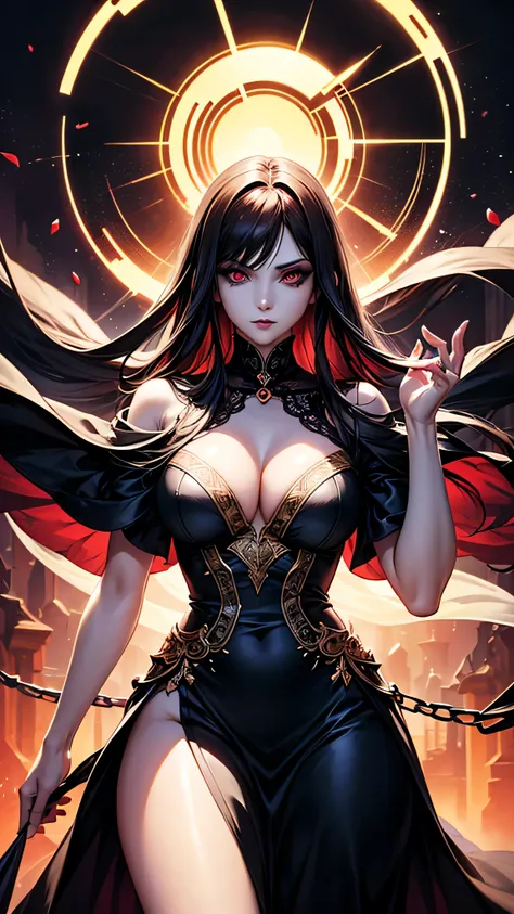 Night rose garden under the blood red moon stand female vampire, She have pale skin slong black hair bloodshot eyes and dark make up, she dressed in long sexy ghotic black dress with golden chains, (ultra high quality fantasy art, dafk fantasy style, maste...