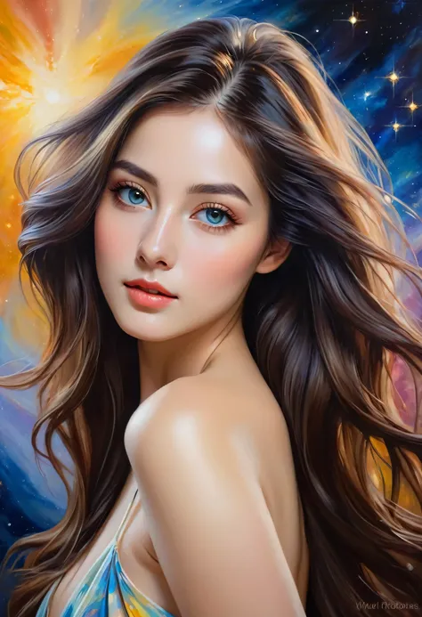 best quality,realistic,portrait,"toppless woman","beautiful detailed eyes","soft and delicate skin","long flowing hair","elegant and graceful pose","subtle lighting","subtle background","oil painting style","vivid colors" very slutty ,space background 