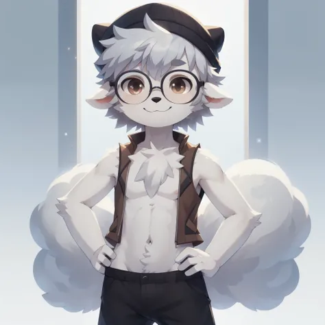 Furry shota, young, polar bear, grey hair, spiky hair, spiky short ponytail, detailed body fur, brown eyes, ((winter blue vest, open clothes, nude torso, black short pants, wool cap, glasses)), masterpiece, looking at you, white body fur, detailed face, bi...