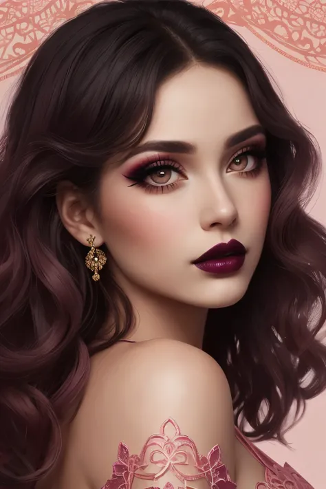 Gorgeous, very beautiful woman, perfect detailed dark eyes and eyelashes, wavy thick hair, beautiful makeup, dark pink lipstick, perfect face, birch background, sharp focus, filigree, digital painting