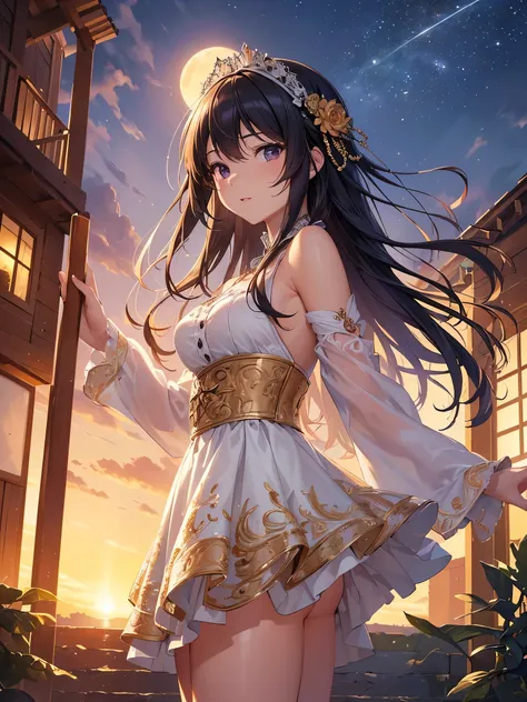 ((highest quality)),(Ultra-high resolution),(Super detailed new),(Detailed Description),((The best CG)),(A masterpiece),Ultra-detailed art,A wonderful new art form,(Art with precise detail:1.5), sun, moon, evening