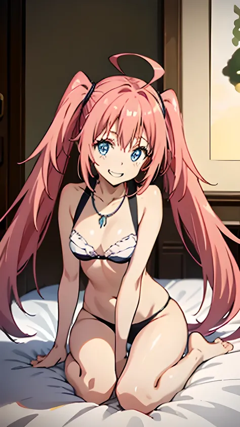 masterpiece, highest quality, High resolution,Anime Style、Characters from Tensura、Milim Platinum pink hair(Twin tails:1:20)(Ahoge:1:10)、blue eyes、About 10 years old、、Smile with your mouth closed、The double tooth shines、Red on the neck、white、A n...
