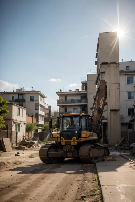 
the backhoe heavy machines working between the sun and the city background - royalty-free photos and images, no estilo de justin gaffrey, space templates, Rustic Dinners, amarelo e rosa, photobash, foto-realista, celebration of urban life and construction...