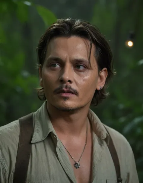 masterpiece, johnny depp walking through jungle at night among fireflies, (high detail:1 1), rough face, natural skin, high quality, nsfw, beautiful eyes, (detailed face and eyes), (face: 1 2), noise, extra, real photo, PSD, lamp film photography, sharp fo...