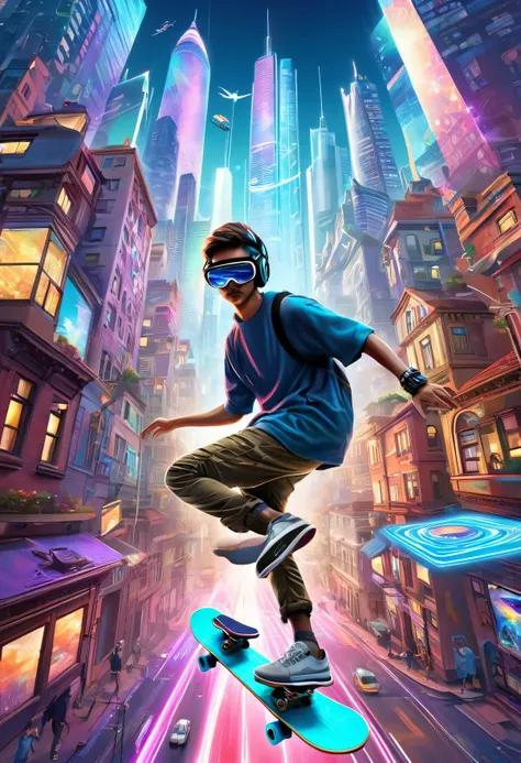 create us a young digital skater! in the metaverse, but in the distant future! his clothes are electronically illuminated. vr gl...