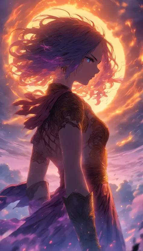 Elden ring boss, 1girl, Masterpiece, extremely detaile, (beautiful detailed glow), Short hair, Floating hair, Looking back, Blue eyes, Sunrise, Clouds, back lit lighting, Purple sky, Yellow sky, gradient sky,