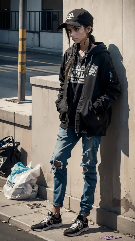 homeless girl, totally drugged, with the typical appearance of fentanyl addicts, with a sad and empty look, very thin, with spots on her skin, with a lot of dirt on her skin, with old and dirty clothes, with an unhealthy and fragile appearance, extremely b...