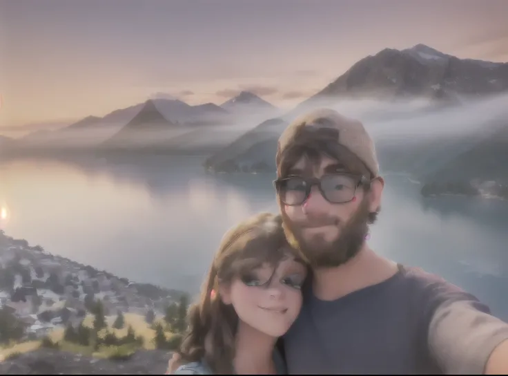 there is a man and woman taking a selfie on a mountain, with mountains in the background, epic mountains in the background, with mountains in background, mountains in the background, with mountains as background, mountain in the background, on the top of a...