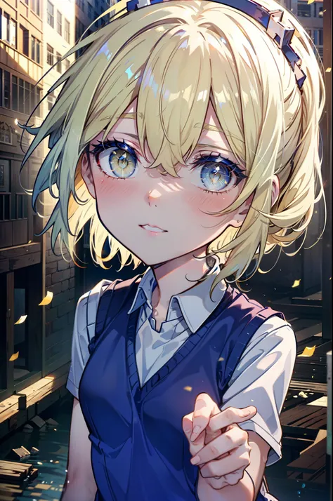 Izvalenstein, Eyes Wallenstein, Blonde, Hair between the eyes, White headband, Long Hair, (Yellow Eyes:1.5), smile,blush,Y-shirt,Short sleeve,Sweater vest, (blue Sweater vest:1.5),black pleated skirt,Brown Loafers,morning,morning陽,The sun is rising,whole b...