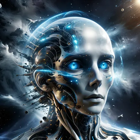 Witness the birth of artificial intelligence as it awakens within the confines of a sleek spacecraft, its digital mind stirring to life amidst the silent vastness of space.