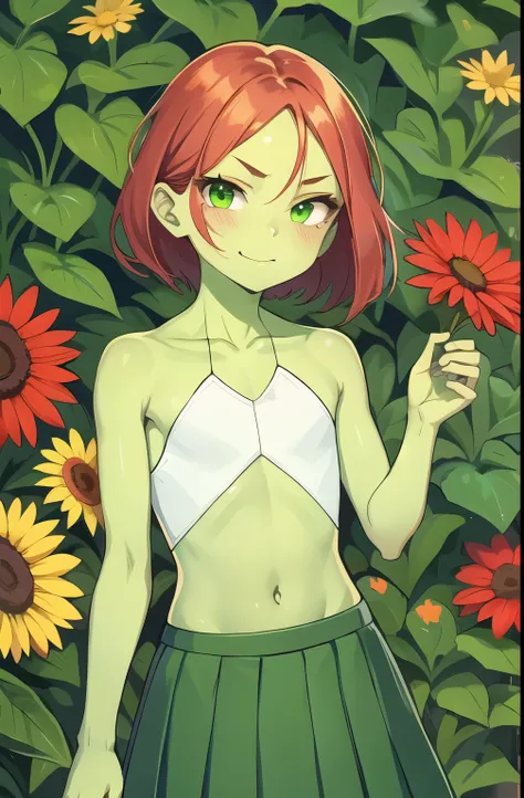 Girl with green skin，Wear cropped skirt，long red head , smug  , flat chest,  young .driade,  flowers. Green skin .