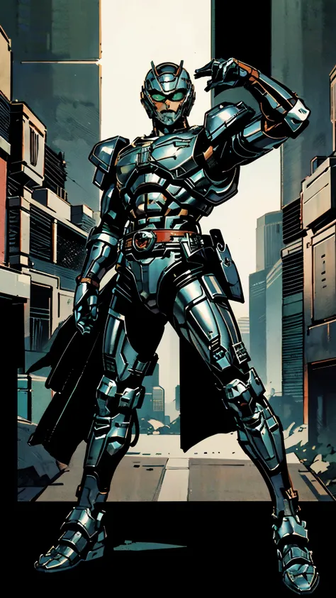 A man wearing a full-face helmet, a fantasy-style biotech armored combat suit, green eyes, (a composite layered chest armor), fully enclosed shoulder guards, matching arm and leg guards, the belt is adorned with Beetle-shaped gem, (the color scheme is prim...