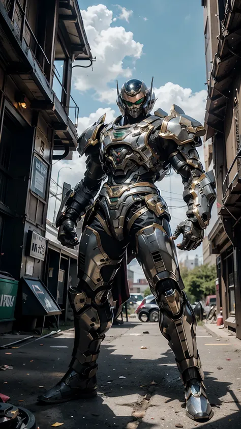 A man wearing a full-face helmet, a fantasy-style biotech armored combat suit, green eyes, (a composite layered chest armor), fully enclosed shoulder guards, matching arm and leg guards, the belt is adorned with Beetle-shaped gem, (the color scheme is prim...