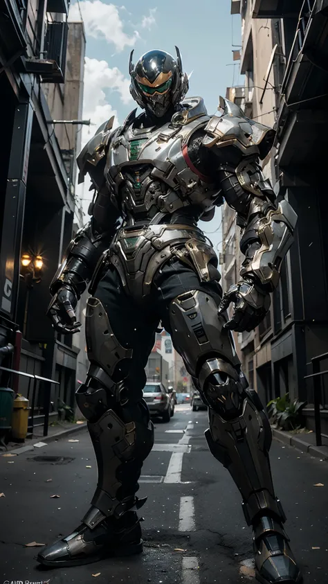 A man wearing a full-face helmet, a fantasy-style biotech armored combat suit, green eyes, (a composite layered chest armor), fully enclosed shoulder guards, matching arm and leg guards, the belt is adorned with Beetle-shaped gem, (the color scheme is prim...