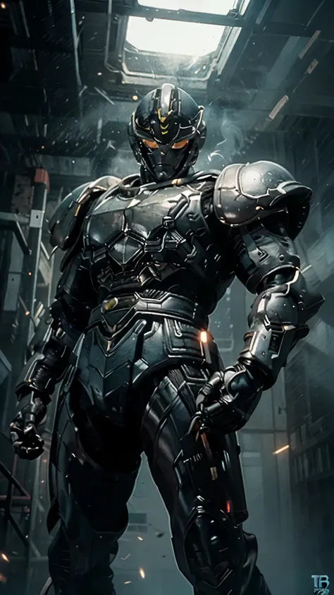 a man wearing a full-face helmet, a fantasy-style biotech armored combat suit, green eyes, (a composite layered chest armor), fu...