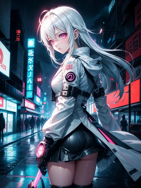 score_9、score_8_up、score_7_up、Expressive、anime、Digital Painting、cyberpunk city night、Neon glow、Slippery street in the rain、Lonely cyborg woman、A flowing white trench coat fluttering in the wind、Chrome arm with a shiny sword、Determined look、Glowing red eyes...