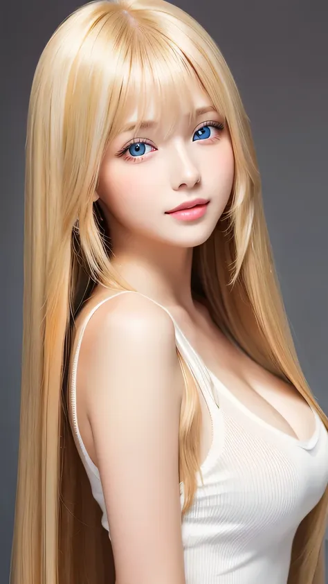 Beautiful super long straight silky hair with a dazzling golden shine、Bright expression、Blonde girl posing in a white top、Long golden bangs between the eyes,,、Glossy fair skin、Glowing Cheeks、Reality Girls、16-year-old girl、Beautiful girl with shining golden...