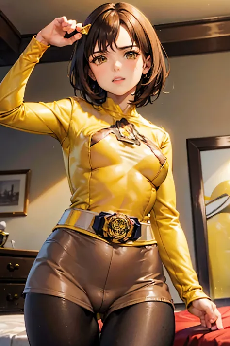 Luca Milfi、Gokaiger、Brown Hair、Short Hair、((pantyhose))、Photo from below、Medium chest、Bedroom、((Yellow Ranger))、One girl、((Bodysuits))