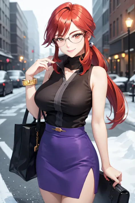 masterpiece, best quality,  frlgLorelei, red hair, swept bangs, glasses, black shirt, sleeveless, bracelet, purple skirt, large breasts, smile, looking at viewer, winter, cityscape, snow, hand up