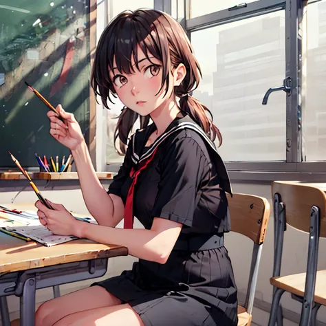 ((((solo)))), many beautiful girls, long hair, hazelnut hair, no bangs, black serafuku, short sleeves, sitting, art classroom, a...