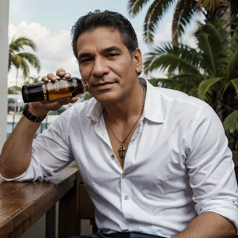 Singer José José with a bottle of Captain Morgan in his hand