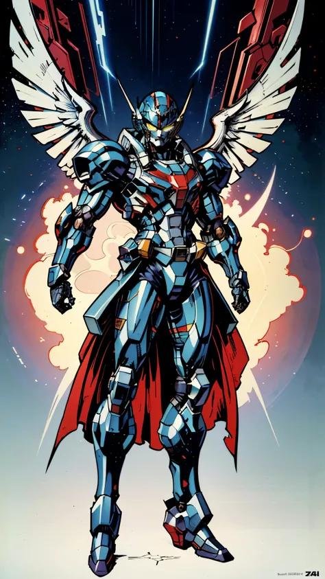 A man wearing a full-face helmet, a fantasy-style biotech armored combat suit, green eyes, (a composite layered chest armor), fully enclosed shoulder guards, matching arm and leg guards, the belt is adorned with Falcon Wing, (the color scheme is primarily ...