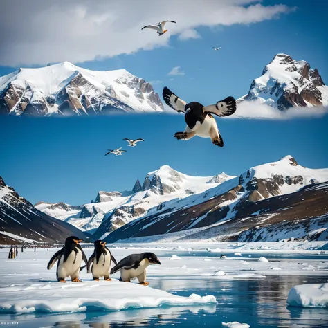 penguins flying in a dramatic way with polar bears in the background