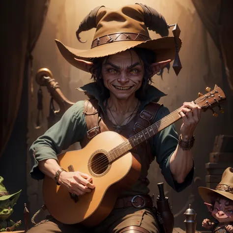 There exists a mischievous goblin from the realm of Dungeons and Dragons, adorned with a quirky cowboy hat atop his pointy ears, and a stringed lute hanging loosely in his hand, readying himself for a melodic performance.