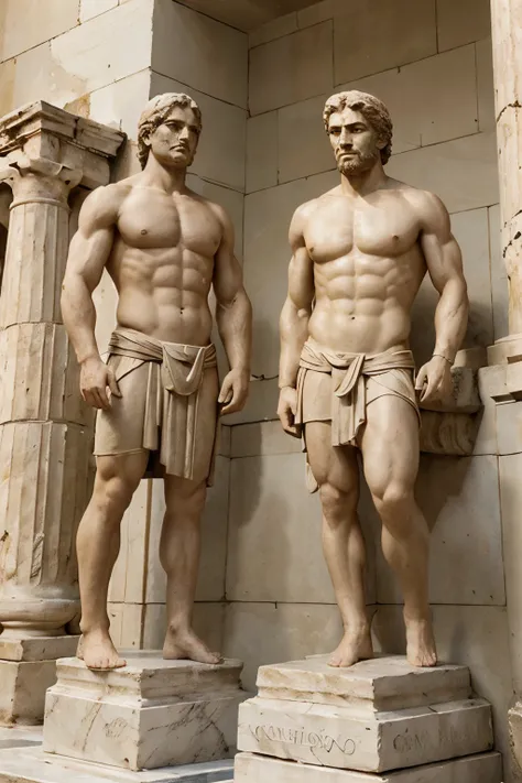 "Statues of Stoic Philosophers as Greek Heroes": A realistic sculpture image of three Stoic philosophers — each with well-defined musculature, like classical Greek heroes, symbolizing the strength and discipline of Stoic philosophy. They are dressed in sim...