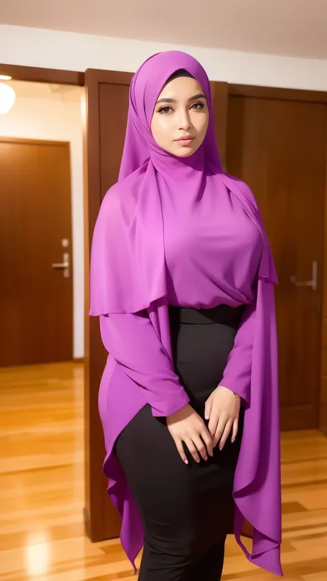 A busty hijabi girl, Arabic ethnicity, with brown skin, is the main subject of the painting. She is a mature woman, wearing a secretary outfit with a purple open shirt and a black jacket. Her skirt is a mini skirt and she is wearing brown stockings. On her...